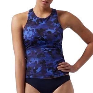 ATHLETA black & blue camo pattern Maldives bra cup tankini swim top size 40 B/C